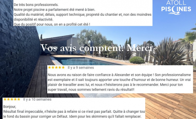 Vos avis sur votre pisciniste ATOLL Piscines proche de Toulouse comptent !, Toulouse, ATOLL PISCINES